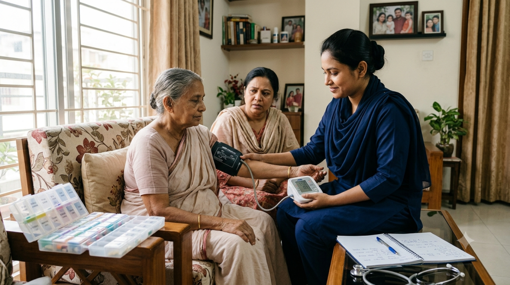 Professional home nurse checking an elderly patient’s blood pressure during emergency nursing care in Dhaka.