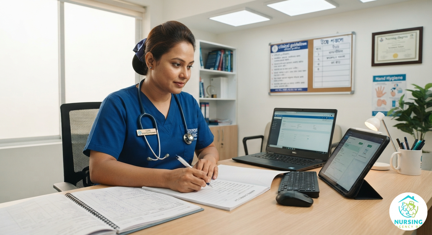 Professional nurse writing a structured nursing care plan and reviewing clinical medical data