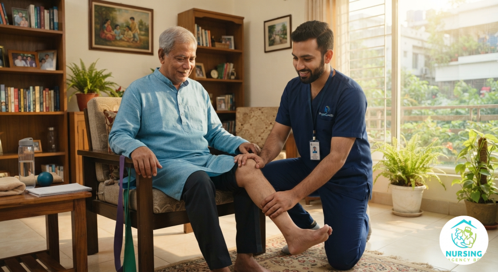 Certified physiotherapist providing home physiotherapy service in Dhaka for an elderly patient's knee rehabilitation.