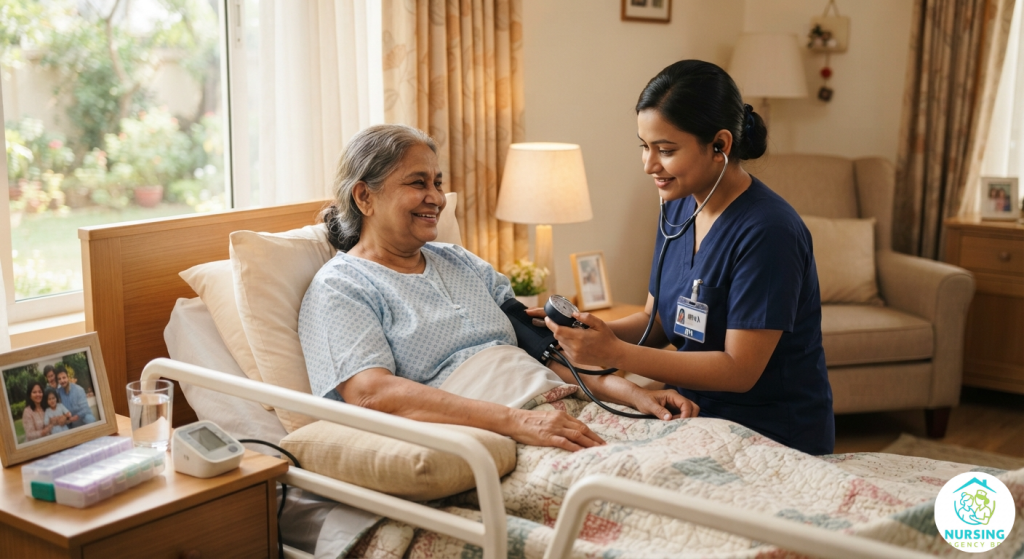 Certified nurse providing post-operative nursing care and vital monitoring for a recovering patient at home.